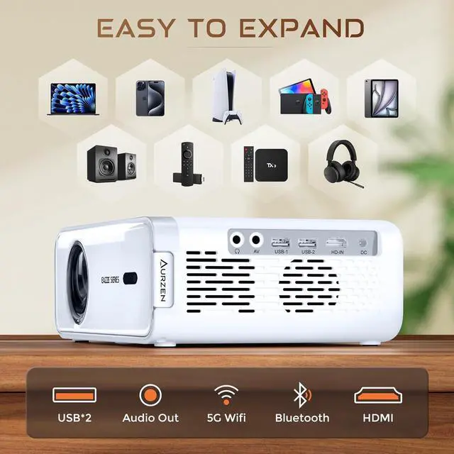 Alt view image 6 of 7 - Eazze D1 Smart Projector with WiFi and Bluetooth, Netflix-Officially-Licensed, Auto Focus & Keystone, DoIby Audio, Zoom, Native 1080P Movie, Portable Outdoor Mini Projector, White