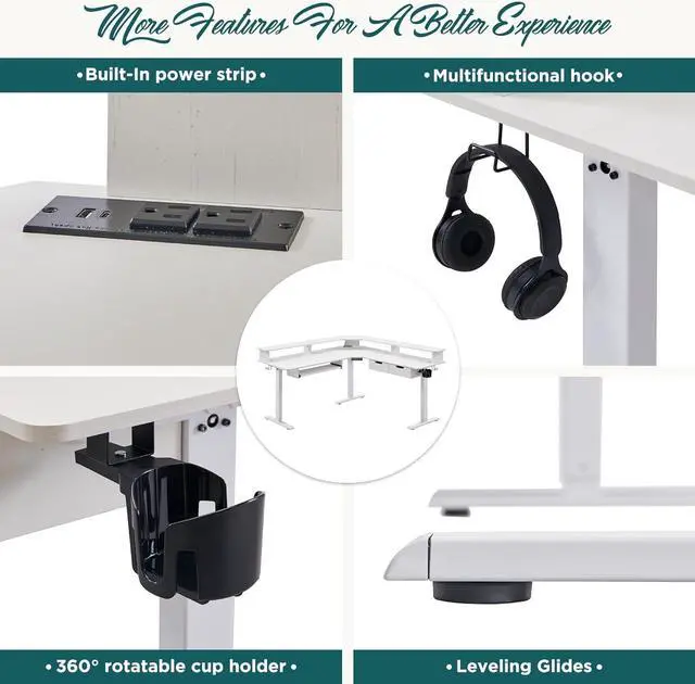 Alt view image 7 of 7 - 60" L Shaped Electric Standing Desk, Height Adjustable Corner Gaming Desk with Drawers, Keyboard Tray, Power Outlets & LED Lights, Comnputer Desk with Monitor Shelf, White