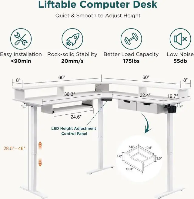 Alt view image 3 of 7 - 60" L Shaped Electric Standing Desk, Height Adjustable Corner Gaming Desk with Drawers, Keyboard Tray, Power Outlets & LED Lights, Comnputer Desk with Monitor Shelf, White