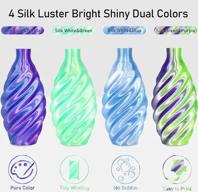 Alt view image 3 of 4 - Dual Color Silk PLA 1.75mm 3D Printer Filament Bundle, 4 Spools Pack 2 Color in 1 PLA, Silk Blue Purple, Silk White Green, Silk White Blue, Silk Green Purple, 3D Printing PLA 250g X 4 Spools