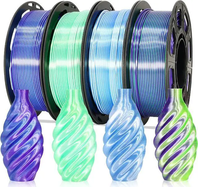 Main image of Dual Color Silk PLA 1.75mm 3D Printer Filament Bundle, 4 Spools Pack 2 Color in 1 PLA, Silk Blue Purple, Silk White Green, Silk White Blue, Silk Green Purple, 3D Printing PLA 250g X 4 Spools