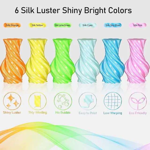 Alt view image 5 of 7 - 1.75mm Silk Shiny PLA Filament 6 in 1 Bright Colors Bundle Pack: Silk Yellow/Lime Green/Light Orange/Sky Blue/Pink/Cyan, Each Spool 250g, 6 Spools Packed, Total 1.5Kg 3D Printing Material