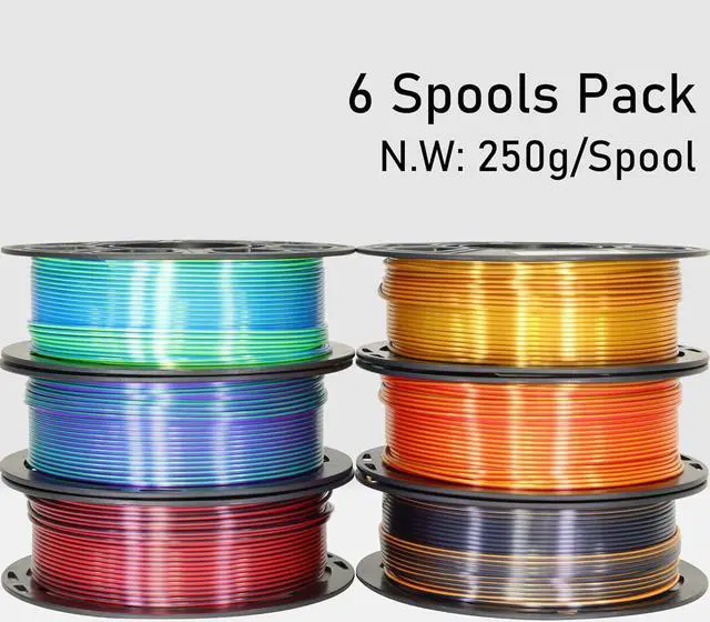 Alt view image 5 of 5 - 6 Spools Bicolor Dual Color 1.75mm 3D Printer Filament Bundle, 3D Printing Silk PLA, Silk Red-Gold/Red-Black/Black-Orange/Gold-Copper/Lime Green-Blue/Green-Purple, 3D Silk PLA 250g X 6 Spools