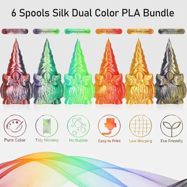 Alt view image 3 of 5 - 6 Spools Bicolor Dual Color 1.75mm 3D Printer Filament Bundle, 3D Printing Silk PLA, Silk Red-Gold/Red-Black/Black-Orange/Gold-Copper/Lime Green-Blue/Green-Purple, 3D Silk PLA 250g X 6 Spools