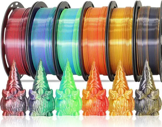 Main image of 6 Spools Bicolor Dual Color 1.75mm 3D Printer Filament Bundle, 3D Printing Silk PLA, Silk Red-Gold/Red-Black/Black-Orange/Gold-Copper/Lime Green-Blue/Green-Purple, 3D Silk PLA 250g X 6 Spools