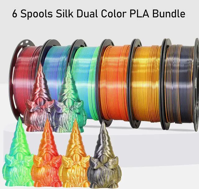Alt view image 2 of 5 - 6 Spools Bicolor Dual Color 1.75mm 3D Printer Filament Bundle, 3D Printing Silk PLA, Silk Red-Gold/Red-Black/Black-Orange/Gold-Copper/Lime Green-Blue/Green-Purple, 3D Silk PLA 250g X 6 Spools