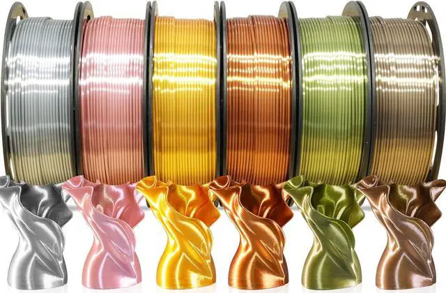Main image of 6 Spools 1.75mm Silk PLA 3D Printer Filament Bundle, 6 Metallic Shiny Colors: Gold/Silver/Copper/Bronze/Coffee Gold/Rose Gold, Each Spool 250g X 6 Spools, Total 1.5Kg 3D Printer Material