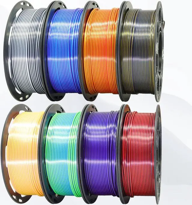 Alt view image 6 of 7 - 8 Spools Dual Color Silk PLA 3D Printer Filament Bundle, Silk White/Black, Red/Black, Gold/Black, Purple/Black, Purple/Blue, Red/Gold, Green/Blue, Yellow/Pink, 1.75mm Bicolor Silk PLA 250gX8