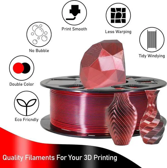 Alt view image 4 of 6 - 3D Printing Silk PLA Shiny Red Black 2 Colors in 1 Coextrusion 3D Filament, 1.75mm 1KG Dual Bicolor Double Colors 3D Printer Material Widely Support for Printers