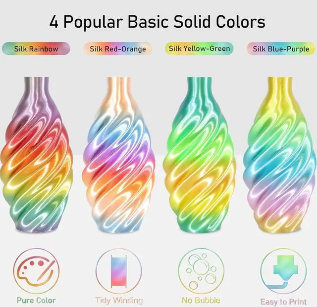 Alt view image 2 of 7 - 1.75mm Silk Shiny 4 Types Rainbow Multi Colored Fast Color Change PLA 4 in 1 3D Printer Filament Bundle: 4 Types Multi Colored Silk PLA, 250g/Spool, 4 Spools 3D Printing Filament
