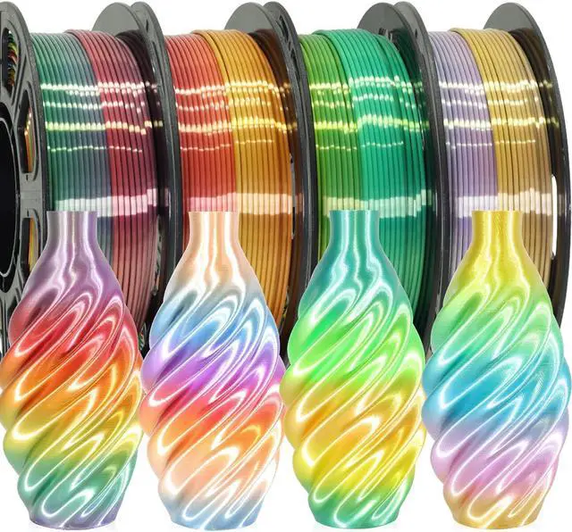 Main image of 1.75mm Silk Shiny 4 Types Rainbow Multi Colored Fast Color Change PLA 4 in 1 3D Printer Filament Bundle: 4 Types Multi Colored Silk PLA, 250g/Spool, 4 Spools 3D Printing Filament