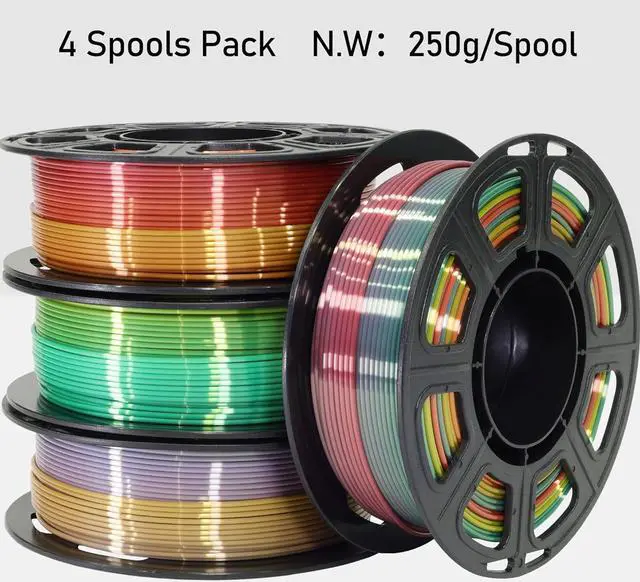 Alt view image 7 of 7 - 1.75mm Silk Shiny 4 Types Rainbow Multi Colored Fast Color Change PLA 4 in 1 3D Printer Filament Bundle: 4 Types Multi Colored Silk PLA, 250g/Spool, 4 Spools 3D Printing Filament