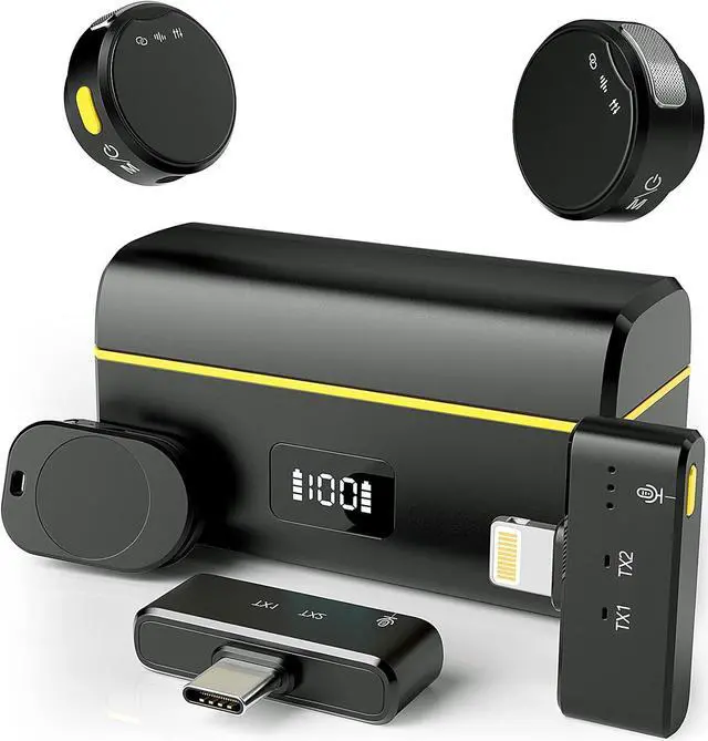 Main image of Wireless Lavalier Microphone for iPhone/Android with Lightning/USB C(2 TX+2 RX+Charging Case), Mini Microphone with Noise Cancellation, 35H Battery, Clip on Lapel Mic for Video Recording Vlog