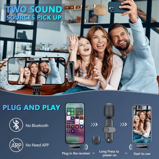 Alt view image 3 of 7 - Wireless Lavalier Microphone for iPhone iPad, 2pcs Mini Microphone Plug-Play for Video Recording, Clip on Lapel Mics for Interview, Podcast, Tiktok, Vlog, YouTube
