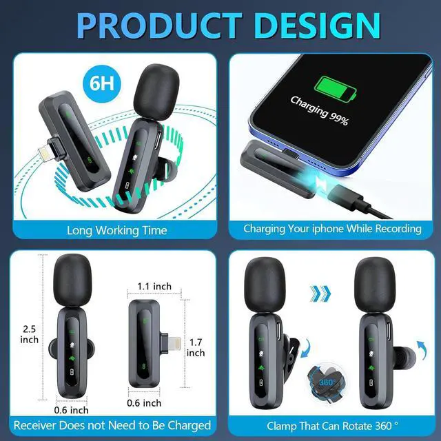 Alt view image 5 of 7 - Wireless Lavalier Microphone for iPhone iPad, 2pcs Mini Microphone Plug-Play for Video Recording, Clip on Lapel Mics for Interview, Podcast, Tiktok, Vlog, YouTube