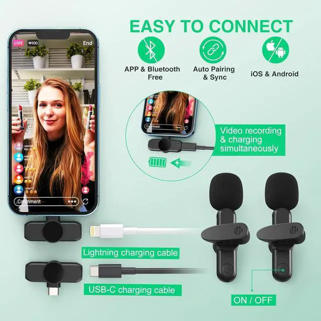 Alt view image 3 of 7 - Wireless Lavalier Microphone for iPhone ipad Android,Wireless Lapel clip on microphone(2 Microphones with 2 Receivers) Plug-Play Auto-Sync for Facebook,YouTube,Video Vlog Recording,TikTok