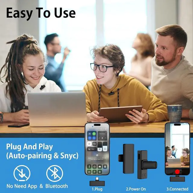 Alt view image 3 of 7 - Professional Wireless Lavalier Microphone USB C, Lapel Mic for iPhone 15 Pro Max/Plus,Android,2Pack Noise Canceling Cordless Clip on Recording Mic,Mini Lav Mic for Interview Video Vlog YouTube TikTok