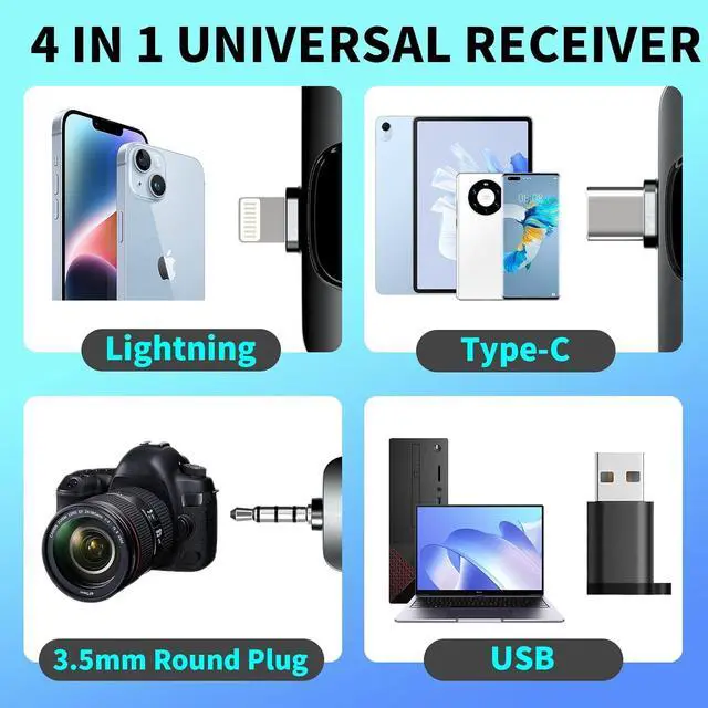 Alt view image 6 of 7 - Wireless Microphone Lavalier Lapel Mics , 2 Pack 4-IN-1 Rechargeable Mini Cordless Magnetic Clip Small Microphone 360°Adjustable Noise Canceling with USB, Type C, Lightning Ports, 3.5mm Headphone Plug