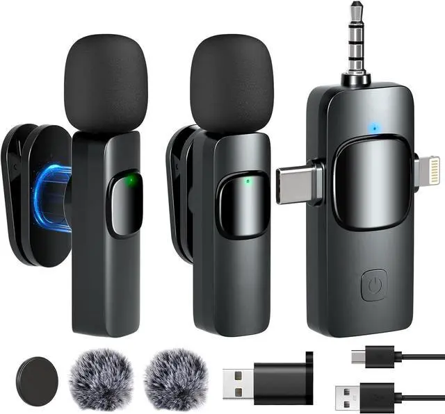 Main image of Wireless Microphone Lavalier Lapel Mics , 2 Pack 4-IN-1 Rechargeable Mini Cordless Magnetic Clip Small Microphone 360°Adjustable Noise Canceling with USB, Type C, Lightning Ports, 3.5mm Headphone Plug