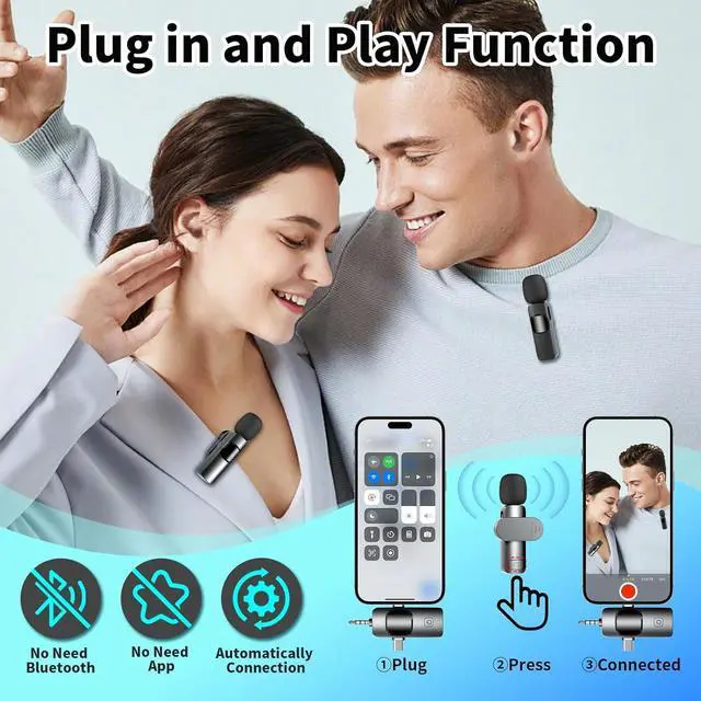 Alt view image 3 of 7 - Wireless Microphone Lavalier Lapel Mics , 2 Pack 4-IN-1 Rechargeable Mini Cordless Magnetic Clip Small Microphone 360°Adjustable Noise Canceling with USB, Type C, Lightning Ports, 3.5mm Headphone Plug