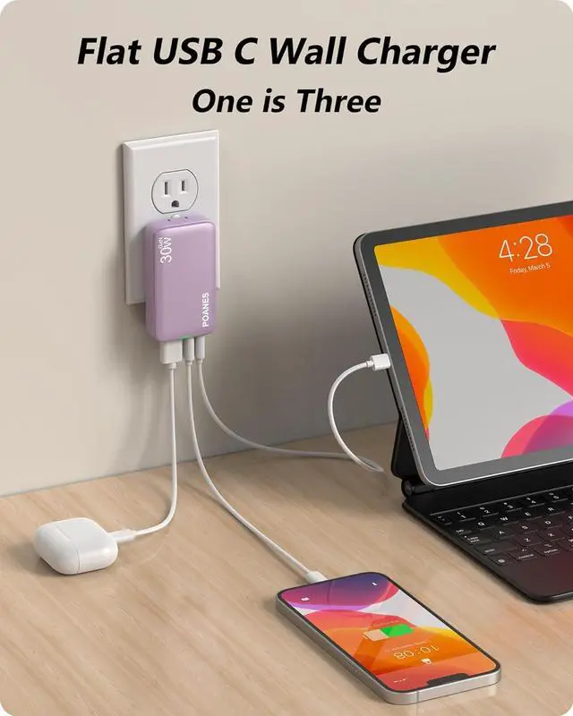 Alt view image 3 of 7 - Flat USB C Wall Charger 30W, 3 Ports Ultra-Slim PD Block Fast Charging USB C Wall Charger with Foldable Plug for iPad/Pro, iPhone 15/14/13/XR/Pro Max, Galaxy S23,S22 etc (PINK-30W)