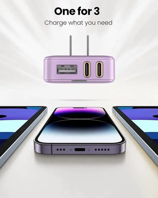 Alt view image 6 of 7 - Flat USB C Wall Charger 30W, 3 Ports Ultra-Slim PD Block Fast Charging USB C Wall Charger with Foldable Plug for iPad/Pro, iPhone 15/14/13/XR/Pro Max, Galaxy S23,S22 etc (PINK-30W)