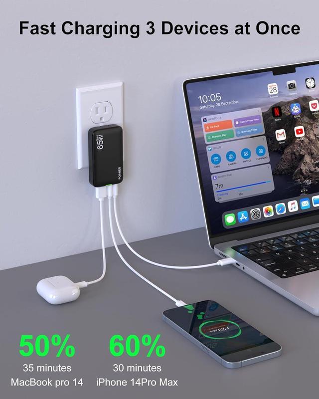 Alt view image 2 of 7 - 65W GaN USB C Charger, 3 Port Flat USB C Wall Charger with USB C and USB A, Fast Charging USB C Block, Slim USB C Charger PD3.0&PPS, Foldable Plug to Travel for Laptops, Tablets, Phone(Black-65W)