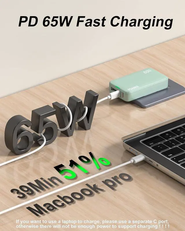 Alt view image 4 of 6 - 65W GaN USB C Charger, 3 Port Flat USB C Wall Charger with USB C and USB A, Fast Charging USB C Block, Slim USB C Charger PD3.0&PPS, Foldable Plug to Travel for Laptops, Tablets, Phone(Green-65W)