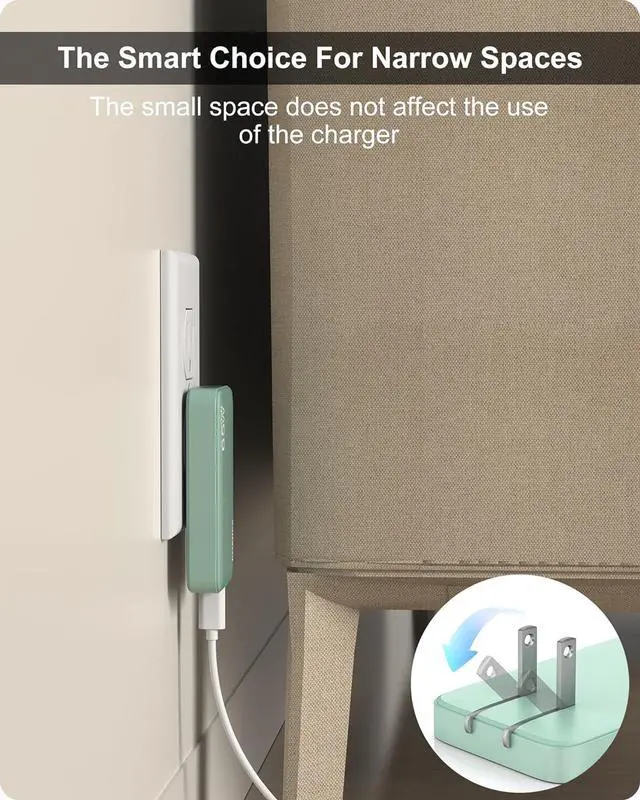 Alt view image 2 of 6 - 65W GaN USB C Charger, 3 Port Flat USB C Wall Charger with USB C and USB A, Fast Charging USB C Block, Slim USB C Charger PD3.0&PPS, Foldable Plug to Travel for Laptops, Tablets, Phone(Green-65W)