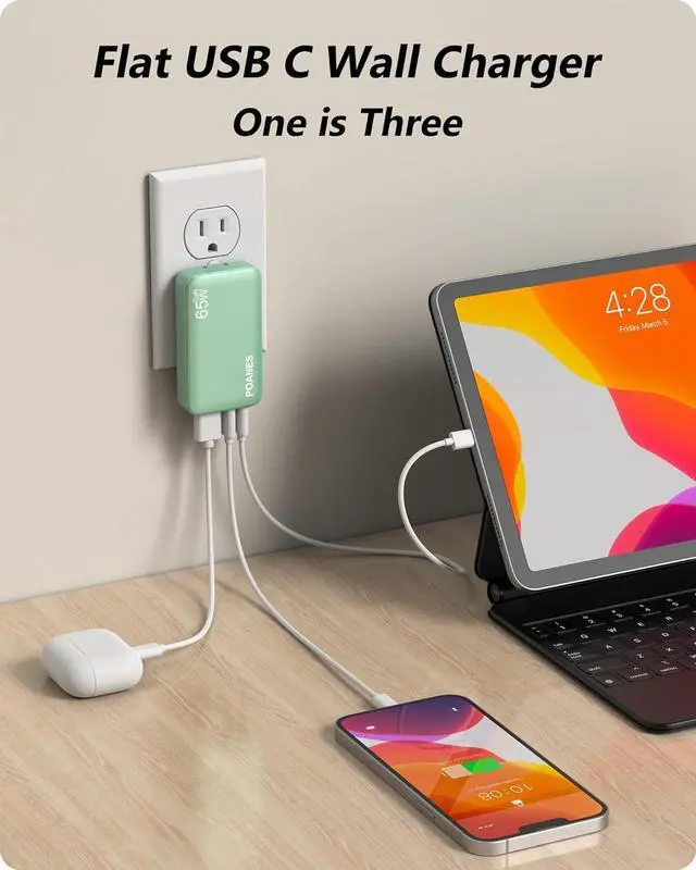 Alt view image 3 of 6 - 65W GaN USB C Charger, 3 Port Flat USB C Wall Charger with USB C and USB A, Fast Charging USB C Block, Slim USB C Charger PD3.0&PPS, Foldable Plug to Travel for Laptops, Tablets, Phone(Green-65W)