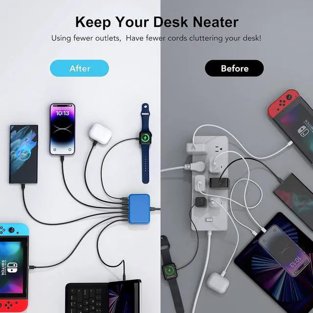 Alt view image 5 of 7 - USB C Fast Charger 100W GaN 6 Port Type USB C Charging Station Hub Block USB C Wall Charger Power Strip Adapter Plug Cube Brick 3 USB C 3 USB A for iPad iPhone 15 14 13 12 11 Pro Max Pixel Note Galaxy