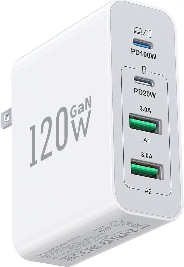 Main image of 120W USB C Wall Charger, GaN 4-Port Fast Charger Charging Block Station Hub,100W Laptop Adapter for MacBook Pro/Air, iPad Pro, Galaxy S23, Dell XPS 13, Note 20/10+, iPhone 15/Pro, Steam Deck, and More