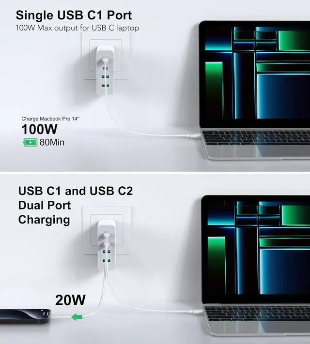 Alt view image 4 of 7 - 120W USB C Wall Charger, GaN 4-Port Fast Charger Charging Block Station Hub,100W Laptop Adapter for MacBook Pro/Air, iPad Pro, Galaxy S23, Dell XPS 13, Note 20/10+, iPhone 15/Pro, Steam Deck, and More