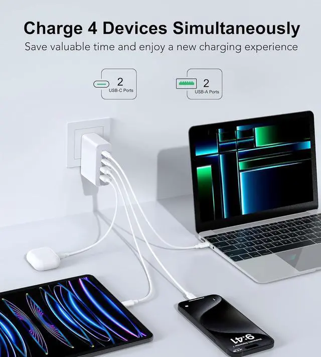 Alt view image 5 of 7 - 120W USB C Wall Charger, GaN 4-Port Fast Charger Charging Block Station Hub,100W Laptop Adapter for MacBook Pro/Air, iPad Pro, Galaxy S23, Dell XPS 13, Note 20/10+, iPhone 15/Pro, Steam Deck, and More