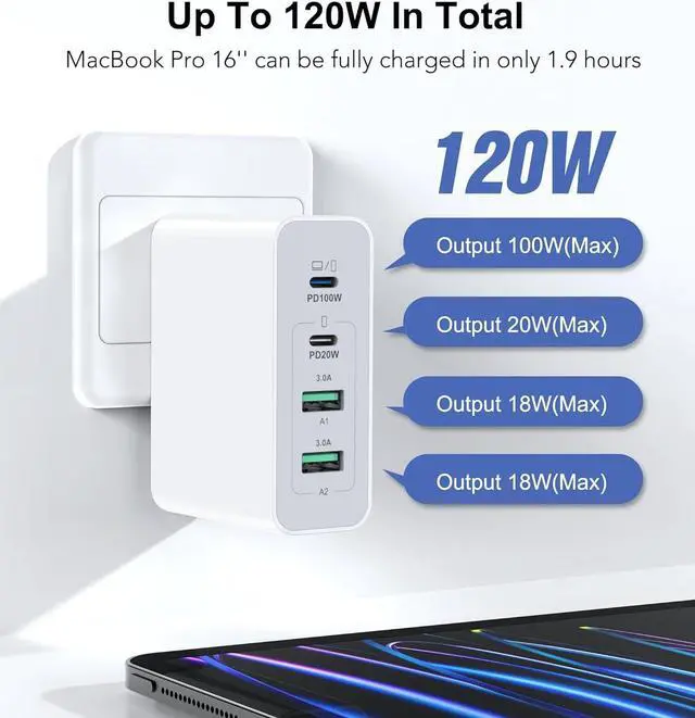 Alt view image 2 of 7 - 120W USB C Wall Charger, GaN 4-Port Fast Charger Charging Block Station Hub,100W Laptop Adapter for MacBook Pro/Air, iPad Pro, Galaxy S23, Dell XPS 13, Note 20/10+, iPhone 15/Pro, Steam Deck, and More