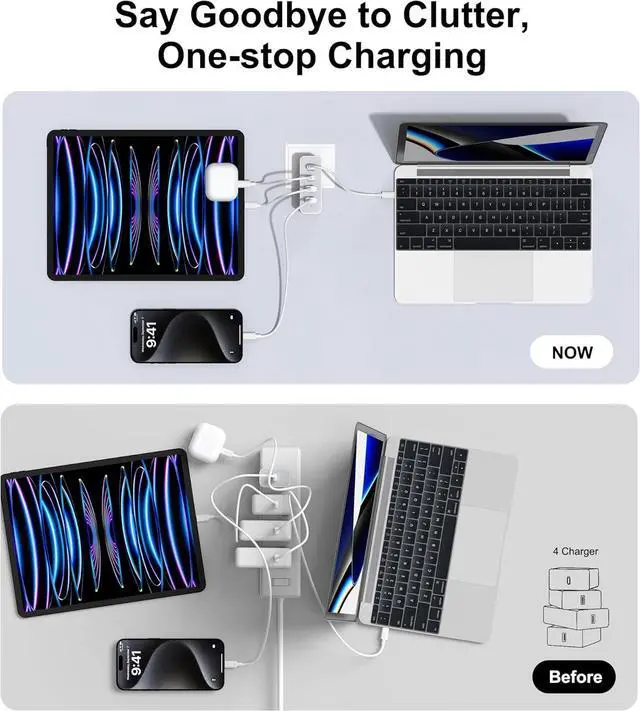 Alt view image 6 of 7 - 120W USB C Wall Charger, GaN 4-Port Fast Charger Charging Block Station Hub,100W Laptop Adapter for MacBook Pro/Air, iPad Pro, Galaxy S23, Dell XPS 13, Note 20/10+, iPhone 15/Pro, Steam Deck, and More