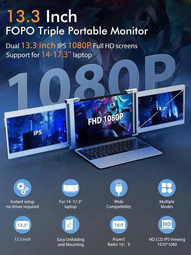 Alt view image 2 of 5 - 13.3" Triple Portable Monitor - 1080P FHD IPS Triple Monitor Laptop Screen Extender for 14"-17.3" Laptops, for Mac/Windows/Switch, HDMI/Type-C Plug & Play (Not for M1 M2 Chip, Chromebook)