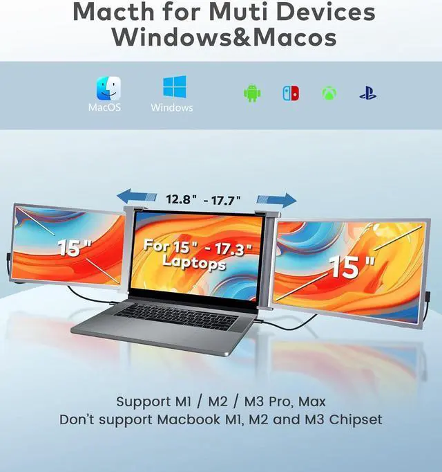 Alt view image 7 of 7 - 14 Triple Laptop Screen Extender, 1920 * 1200P FHD IPS Portable Monitor for 15 - 17.3" Laptop, 16:10, Dual Monitor Display for Win/MAC (Not suited to M1/M2/M3 chips), HDMI/USB-C Plug & Play.