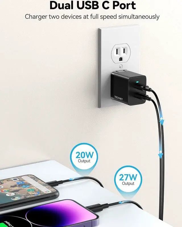 Alt view image 4 of 7 - USB C Charger, 47W GaN Charger PD3.0 Fast Charger Block, Foldable Dual USB C Wall Charger Compatible with iPhone 15 Pro Max/15 Plus/15 Pro/15/14/13/12, Samsung S23, iPad Pro, Pixel, Switch