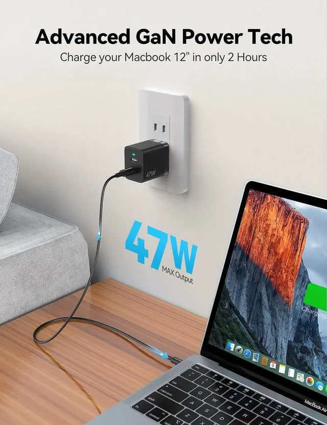 Alt view image 2 of 7 - USB C Charger, 47W GaN Charger PD3.0 Fast Charger Block, Foldable Dual USB C Wall Charger Compatible with iPhone 15 Pro Max/15 Plus/15 Pro/15/14/13/12, Samsung S23, iPad Pro, Pixel, Switch
