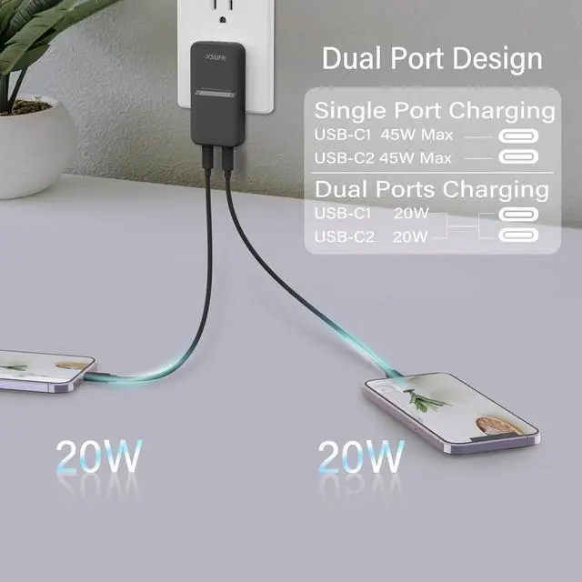 Alt view image 4 of 7 - 45W USB Wall Charger,Flat Wall Charger,Dual USB C with PD 3.0 & GaN,Folding USB Wall Plug for Traveling,Fast Charging for Laptops,Phones,Support Super Fast Charging for Samsung Galaxy, Black