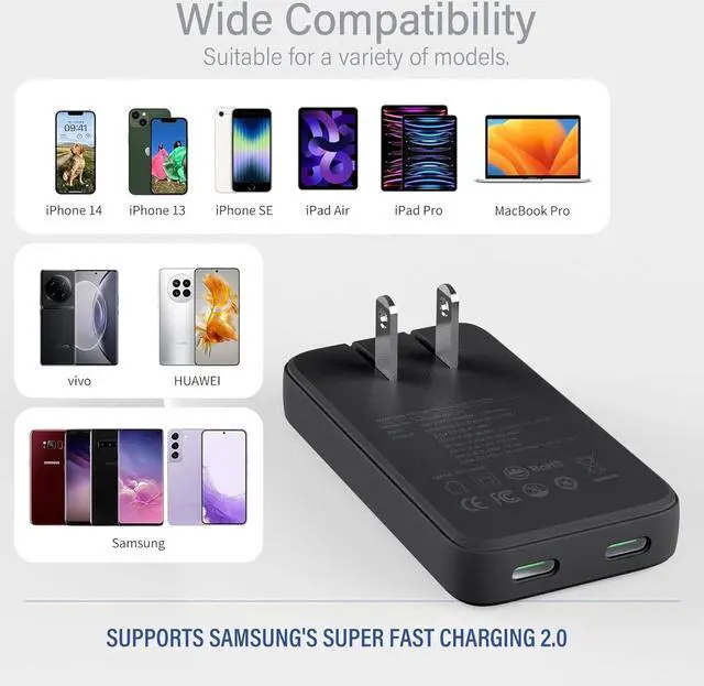 Alt view image 7 of 7 - 45W USB Wall Charger,Flat Wall Charger,Dual USB C with PD 3.0 & GaN,Folding USB Wall Plug for Traveling,Fast Charging for Laptops,Phones,Support Super Fast Charging for Samsung Galaxy, Black
