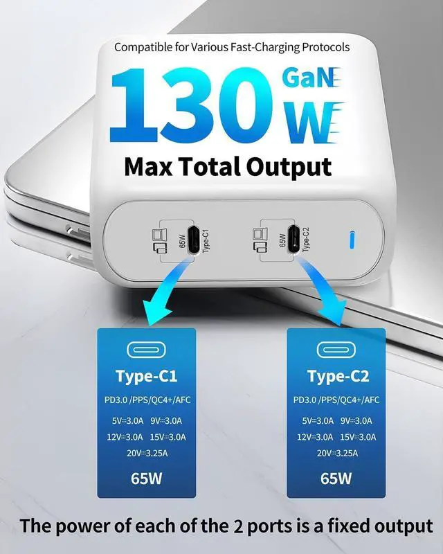 Alt view image 2 of 7 - 130W USB C Charger Block,  2 Port Foldable Compact 65W GaN Wall Charger for MacBook Pro/Air, iPhone 15/14, iPad Pro/Air, Galaxy S23/S22, Motorola