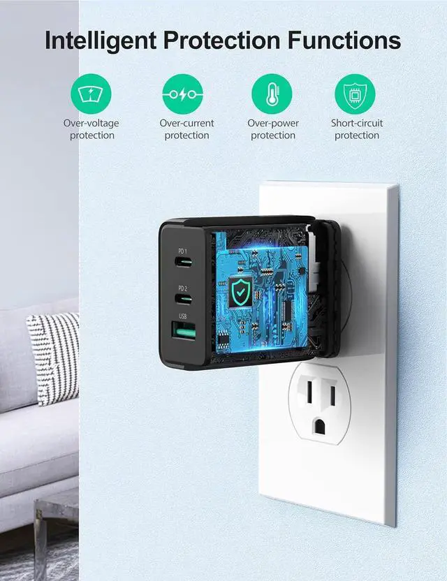 Alt view image 6 of 7 - USB C Charger 65W PD 3.0 GaN Type Foldable Adapter with 3-Port Fast Wall Compatible with iPhone 15 Pro Max/15 Plus/15 Pro/15/14/13, MacBook Pro, iPad Switch, Galaxy S23/S22