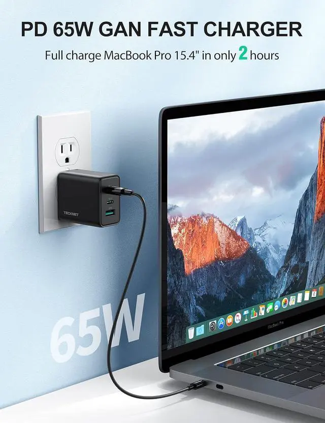 Alt view image 2 of 7 - USB C Charger 65W PD 3.0 GaN Charger Type C Foldable Adapter with 5ft Type C to C Cable, Fast Wall Charger Compatible with iPhone 15 Pro Max/15 Plus/15/14/MacBook Pro/iPad/Switch/Galaxy S23
