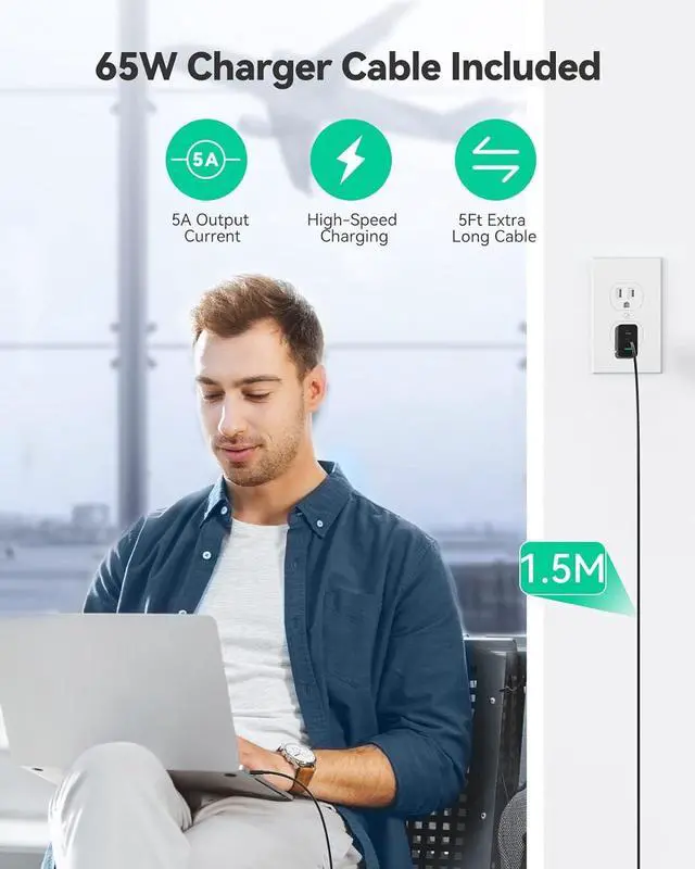 Alt view image 4 of 7 - USB C Charger 65W PD 3.0 GaN Charger Type C Foldable Adapter with 5ft Type C to C Cable, Fast Wall Charger Compatible with iPhone 15 Pro Max/15 Plus/15/14/MacBook Pro/iPad/Switch/Galaxy S23
