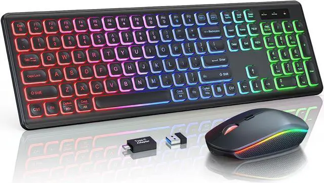 Main image of Wireless Keyboard and Mouse Combo - RGB Backlit, Rechargeable & Light Up Letters, Full-Size, Ergonomic Tilt Angle, Sleep Mode, 2.4GHz Quiet Keyboard Mouse for Mac, Windows, Laptop, PC
