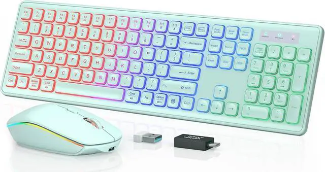 Main image of Wireless Keyboard and Mouse Combo - RGB Backlit, Rechargeable & Light Up Letters, Full-Size, Ergonomic Tilt Angle, Sleep Mode, 2.4GHz Quiet Keyboard Mouse for Mac, Windows, Laptop, PC, Mint Green