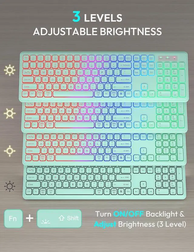 Alt view image 2 of 7 - Wireless Keyboard and Mouse Combo - RGB Backlit, Rechargeable & Light Up Letters, Full-Size, Ergonomic Tilt Angle, Sleep Mode, 2.4GHz Quiet Keyboard Mouse for Mac, Windows, Laptop, PC, Mint Green