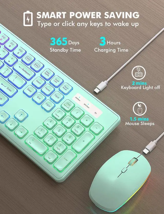 Alt view image 3 of 7 - Wireless Keyboard and Mouse Combo - RGB Backlit, Rechargeable & Light Up Letters, Full-Size, Ergonomic Tilt Angle, Sleep Mode, 2.4GHz Quiet Keyboard Mouse for Mac, Windows, Laptop, PC, Mint Green